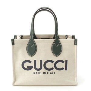 Gucci logo print tote bag beige green leather trim GG Supreme lining